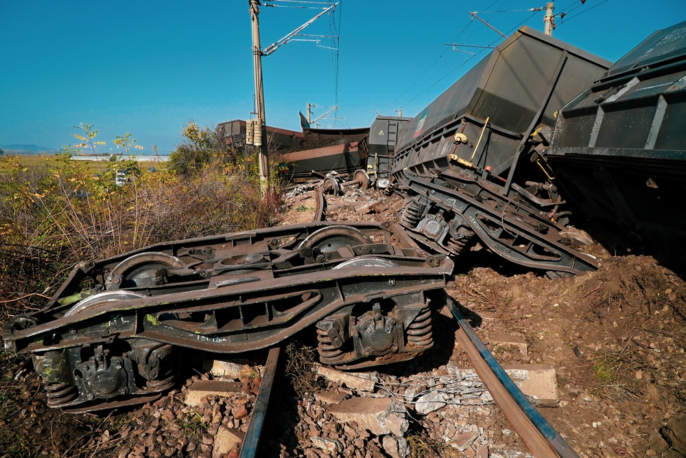 A derailed train with several freight cars overturned on rocky tracks. The metal appears bent and damaged, surrounded by dry grass under a clear sky.